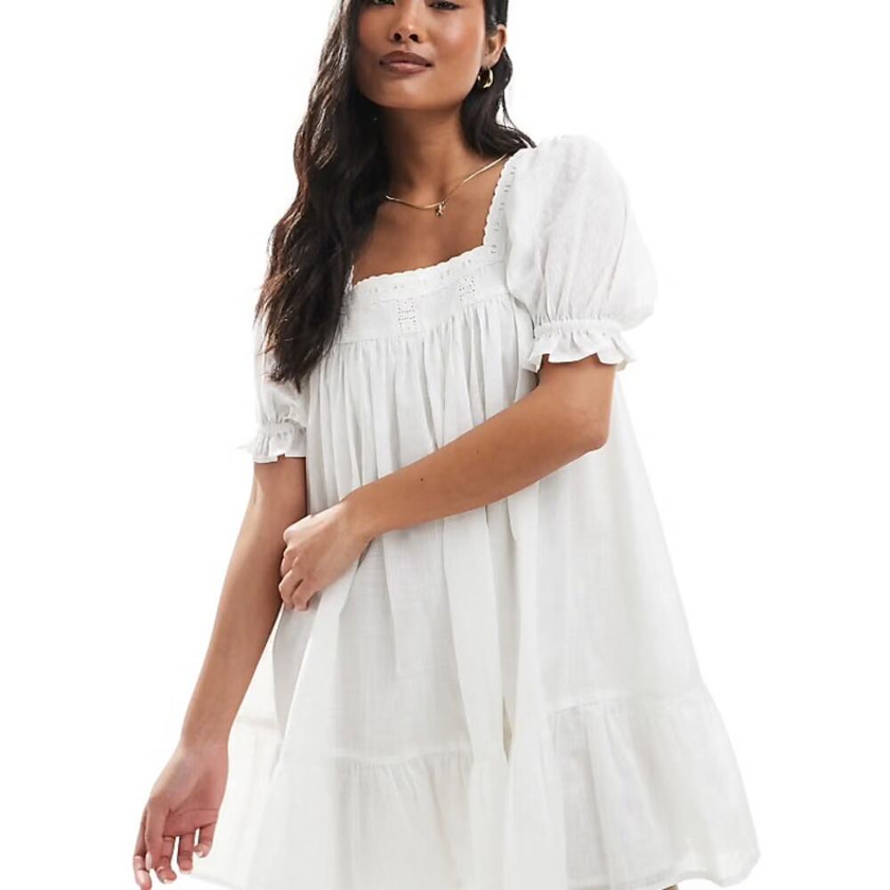 Miss Selfridge White Cotton Babydoll Mini Dress Puff Sleeve Size 4